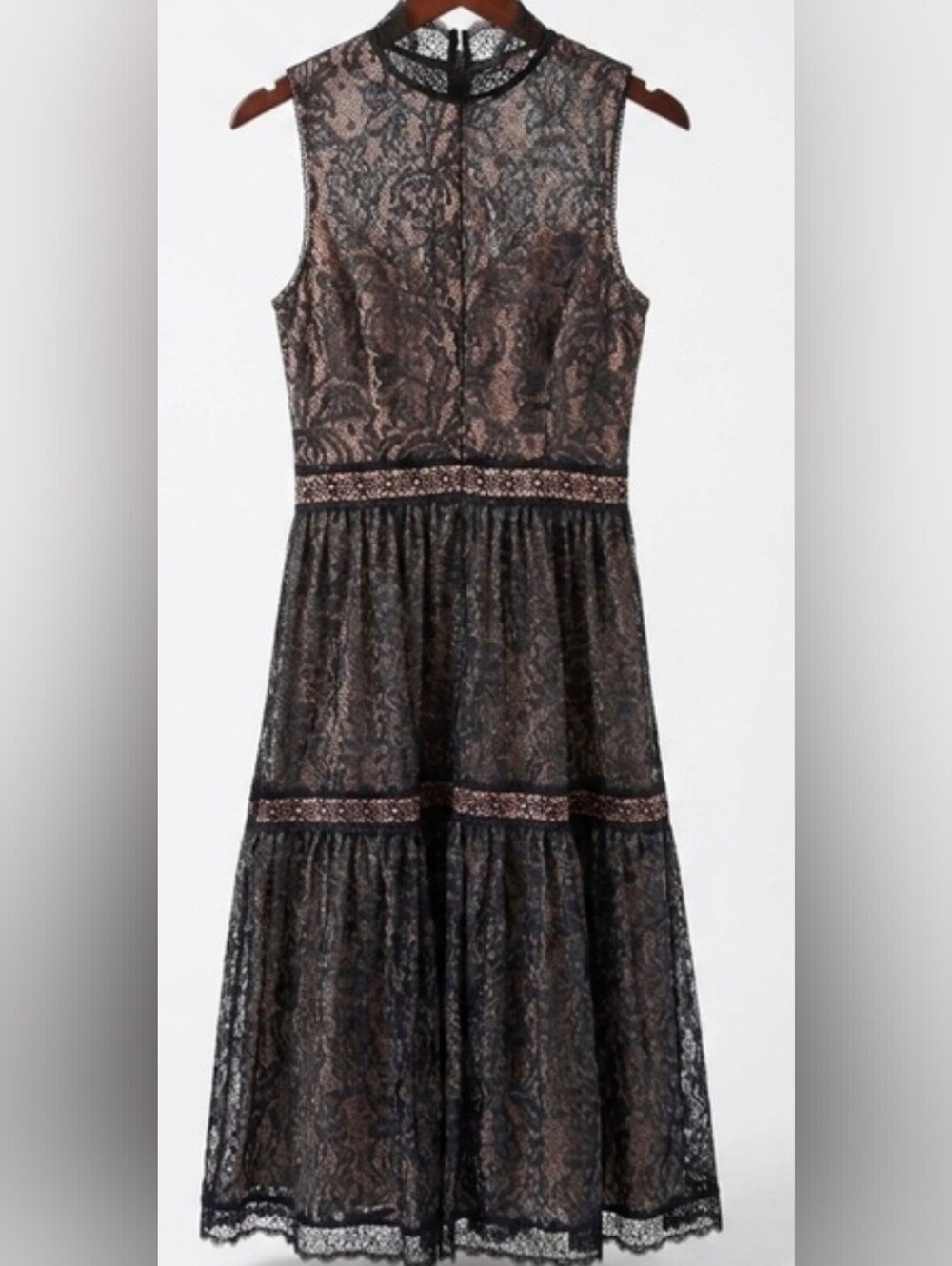 ANTONIO MELANI Black Sheer Lace Overlay Midi Dress,Rose Lining, Tiered Skirt,S:2